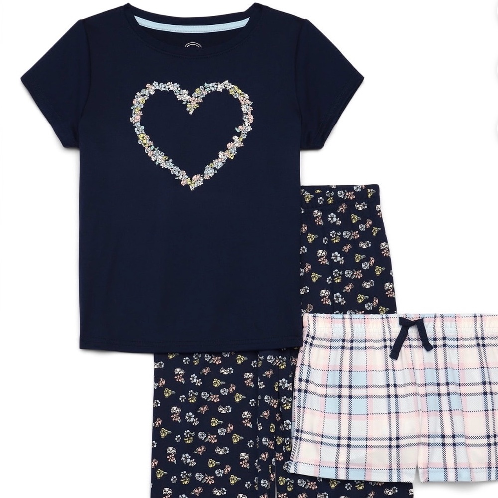 Pajamas girls new size  XL 14-16 plus polyester top, long pants & shorts
